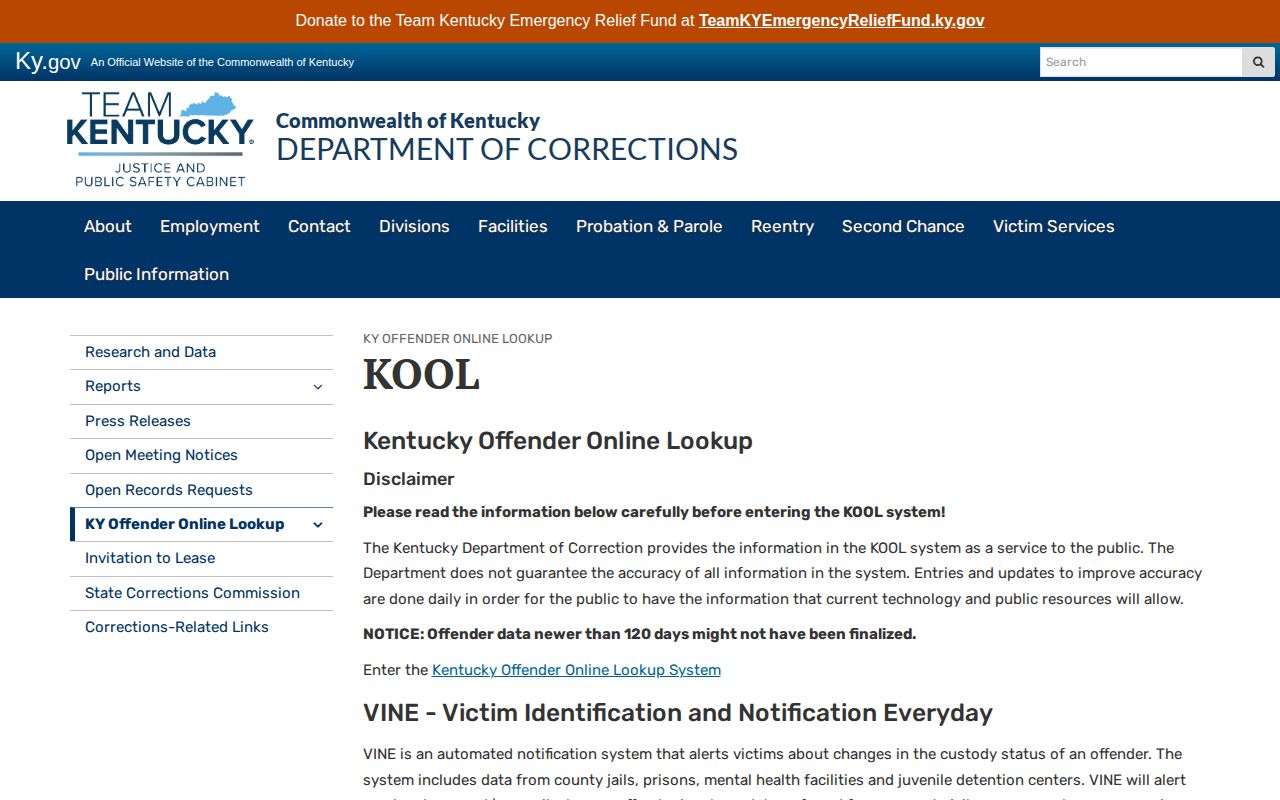 Kentucky Offender Online Lookup information page
