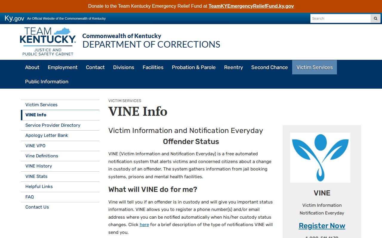 Kentucky VINE information page capture