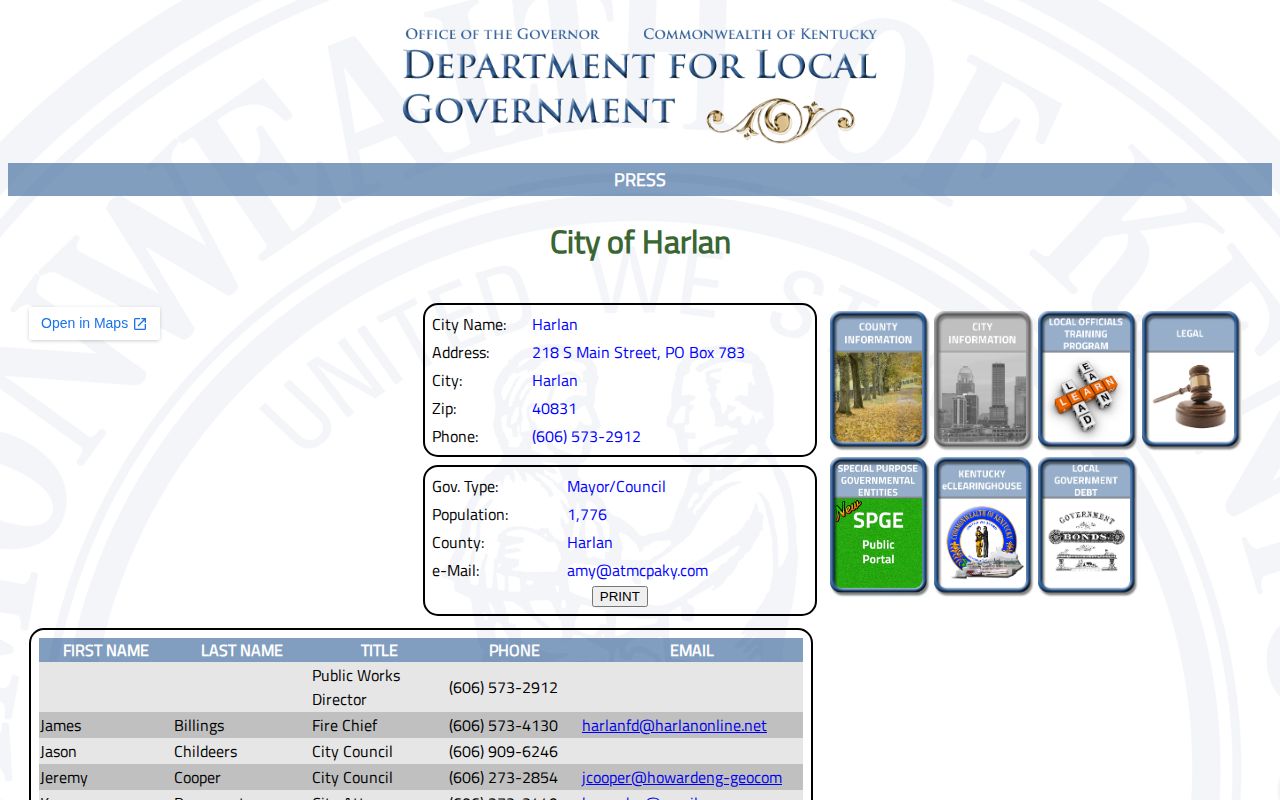 Kentucky official Harlan city profile